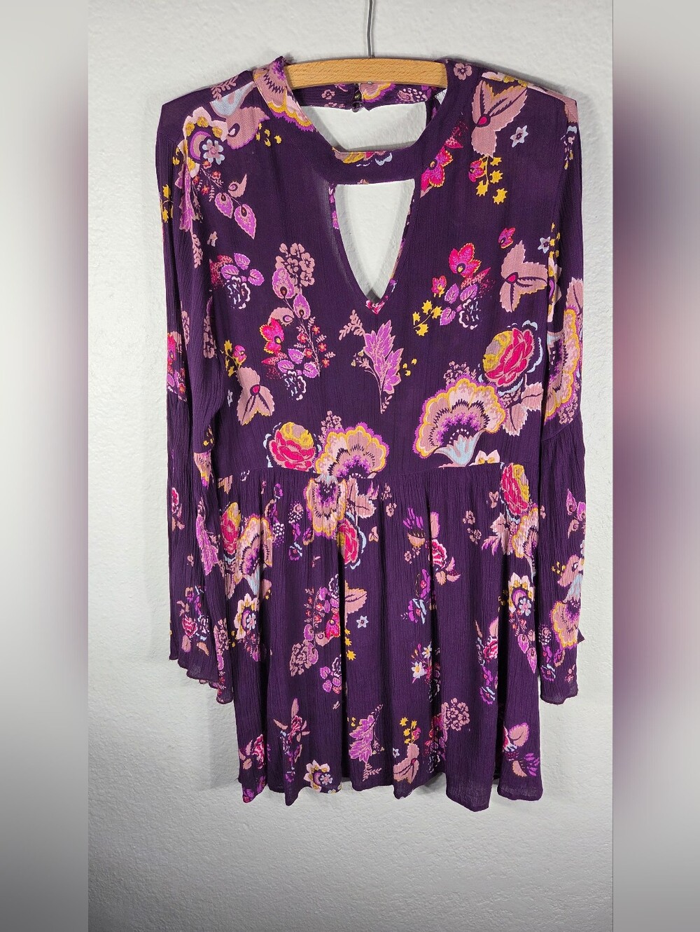 Patrons Of Peace Anthropologie Purple Floral Bell Sleeve Midi Dress Size M Boho